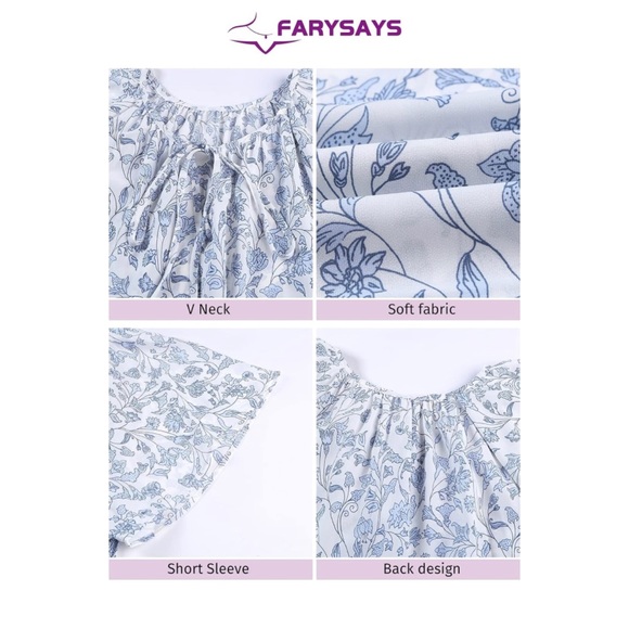 FARYSAYS Women's Boho Top Floral Print V Neck Short Sleeve Casual Loose Blouses - Picture 5 of 5